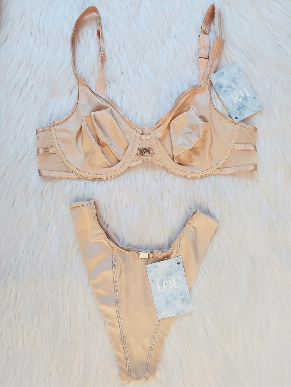 Lou Light Nude/ Skin Tone Bra & High-Cut Thong/ Brazilian/ Tanga Panty, 34C & S